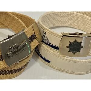 VTG Nautical Belts Canvas Webbed, USA Brass Military Buckle Ship & Wheel Boating